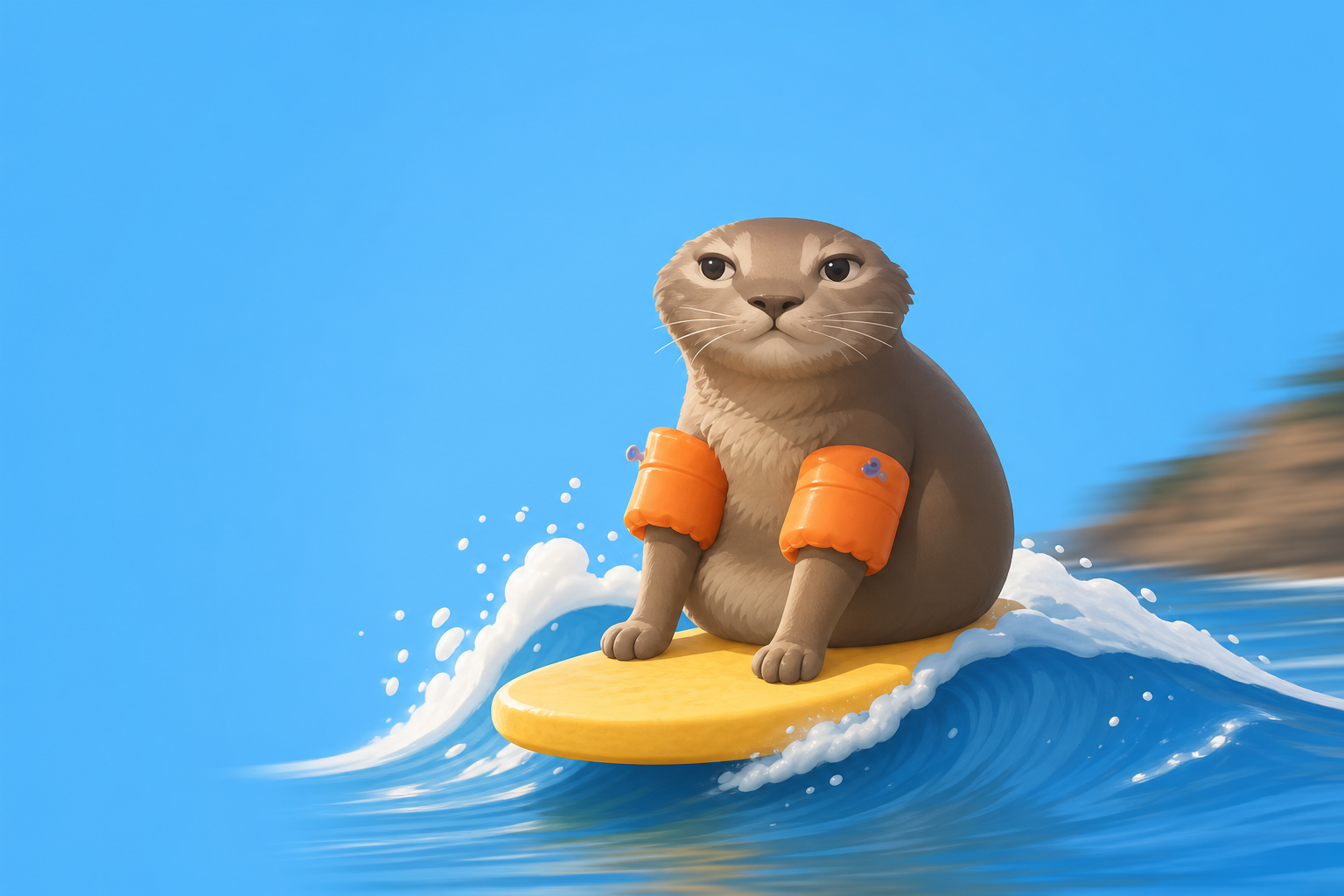 Buoy Cat riding a wave on a yellow board